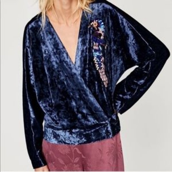 Zara Jackets & Blazers - ☀️SALE Zara Crushed Velvet Blue Kimono Bird Top